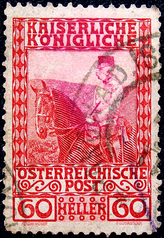Австрия 1908 год . Император Франц Иосиф на лошади .